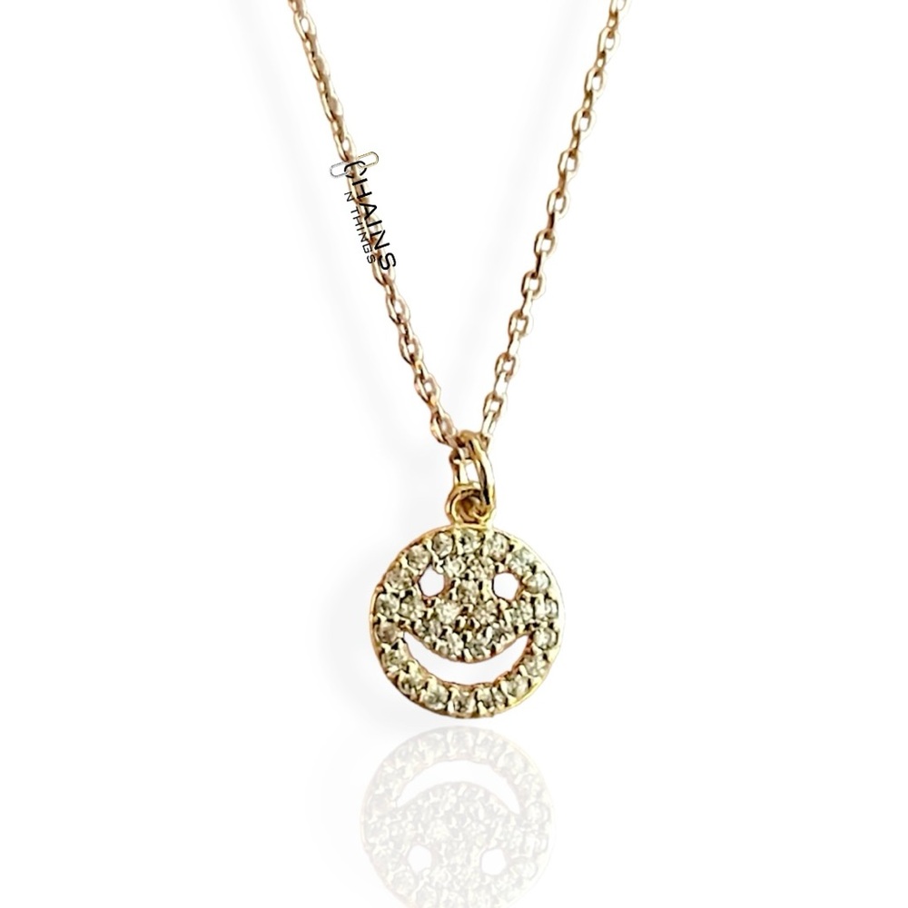Smiley Face Emoji Necklace CZ Zircon 14K gold plated 15.5" cable chain fun girls